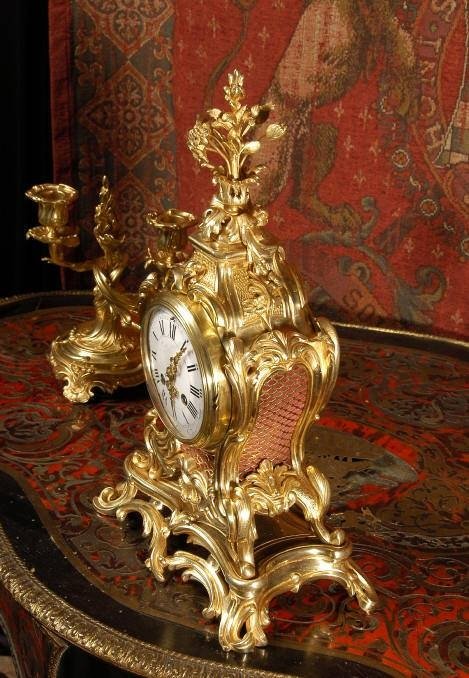 fig 4. Antique French Rococo Boudoir Table Clock Set ~ Japy Freres Circa 1880.